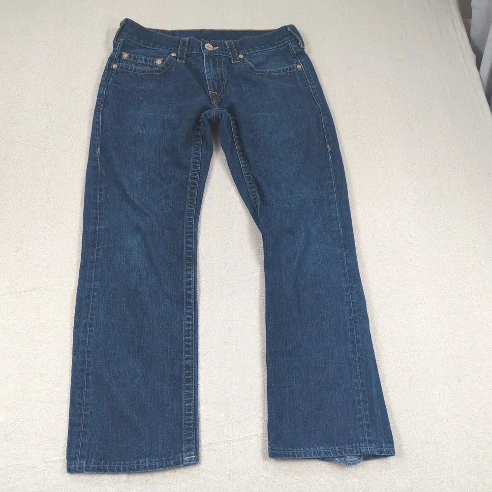 True Religion Jeans Mens 32x29 Blue Bobby Straight Dark Wash Hemmed